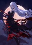  1girl absurdres black_thighhighs breasts dress earrings eira_akatsuki full_moon hair_ornament highres honkai_(series) honkai_impact_3rd jewelry large_breasts long_dress long_hair moon red_eyes solo theresa_apocalypse theresa_apocalypse_(luna_kindred) theresa_apocalypse_(lunar_vow:_crimson_love) thigh-highs twintails vampire white_hair 