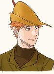  1boy brown_eyes brown_hat brown_shirt cropped_shoulders green_tunic hat hat_feather humanization looking_to_the_side male_focus orange_hair robin_hood_(disney) robin_hood_(disney)_(character) shirt short_hair simple_background smile solo uochandayo white_background 