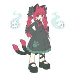  1girl :3 acid_burritos animal_ears black_bow black_dress black_footwear bow braid cat_ears cat_girl cat_tail closed_mouth commentary dress english_commentary extra_ears full_body hair_bow highres hitodama kaenbyou_rin long_hair long_sleeves looking_at_viewer multiple_tails red_eyes redhead side_braids simple_background skull solo standing tail touhou twin_braids two_tails white_background 