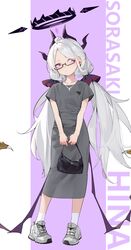  1girl absurdres ahoge bag bespectacled blue_archive blush character_name commentary cross-laced_footwear demon_horns demon_wings earrings full_body glasses grey_footwear grey_shirt grey_skirt halo handbag highres hina_(blue_archive) holding holding_bag horns jewelry long_hair looking_to_the_side multiple_horns necklace painterliuhao semi-rimless_eyewear shirt shoes skirt sneakers socks standing t-shirt very_long_hair violet_eyes white_hair white_socks wings 