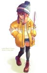 1girl animal arrow brown_eyes brown_hair fish fishing fishing_rod hat toki_ayano yellow_coat yellow_jacket yurucamp
