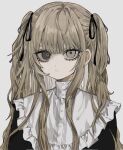 1girl black_ribbon brown_eyes brown_hair buttons closed_mouth dress frilled_dress frills hair_ribbon heterochromia highres long_hair looking_at_viewer original ribbon simple_background solo taezuodoru_0 two_side_up upper_body white_background 