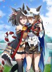  2girls ;d ;o ahoge animal_ears black_hair black_shorts black_socks black_thighhighs blue_cape blue_eyes blurry blurry_background brown_hair brown_skirt cape cheval_grand_(umamusume) confetti detached_sleeves ear_ribbon feet_out_of_frame flower_ornament hair_between_eyes hat hat_belt highres horse_ears horse_girl horse_tail jacket kitasan_black_(umamusume) kouhaku_nawa long_sleeves looking_at_viewer midriff multicolored_hair multiple_girls navel one_eye_closed peaked_cap red_eyes red_ribbon ribbon rope sb_(akagikeai) shimenawa short_hair shorts skirt smile socks streaked_hair tail thigh-highs umamusume white_hair white_headwear white_jacket 