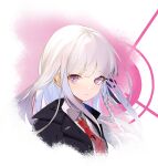  1girl black_jacket blood braid collared_shirt cropped_shoulders danganronpa:_trigger_happy_havoc danganronpa_(series) grey_shirt highres jacket kirigiri_kyoko long_hair looking_at_viewer necktie open_clothes open_jacket paheide_guang pink_background pink_blood pink_eyes red_necktie shirt side_braid simple_background single_braid smile solo white_background white_hair 