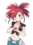  1girl bare_arms collarbone flannery_(pokemon) highres holding holding_poke_ball jmsleo jpeg_artifacts korean_commentary looking_at_viewer midriff navel poke_ball poke_ball_(basic) pokemon pokemon_oras red_eyes redhead shirt smile split_mouth tied_shirt 