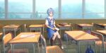  1girl aqua_hair artist_request ayanami_rei backpack bag black_socks blue_skirt blue_uniform book buttons chair classroom collar desk eraser final_gear game_cg hair_between_eyes highres holding holding_book hook indoors jpeg_artifacts knees_together_feet_apart lens_flare looking_at_viewer mountain neck_ribbon neon_genesis_evangelion official_art red_eyes red_ribbon ribbon ruler school_chair school_desk school_uniform shirt short_hair sitting skirt socks solo suspender_skirt suspenders third-party_source tokyo-3_middle_school_uniform tree two-tone_footwear white_collar white_footwear white_shirt white_sleeves window wooden_floor 