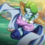  1boy blue_skin blue_thighhighs blurry blurry_background braid braided_ponytail cape closed_mouth colored_skin commentary_request crossed_arms dragon_ball dragon_ball_z earrings green_hair jewelry looking_at_viewer male_focus muscular muscular_male namek rom_(20) smile thigh-highs white_cape yellow_eyes zarbon 