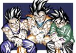  3boys black_hair blue_background blue_shirt brothers chinese_clothes cowboy_shot dated dougi dragon_ball dragon_ball_super dragon_ball_super_super_hero father_and_son forest_1988 goku_day green_jacket group_picture jacket kamehameha_(dragon_ball) looking_at_viewer male_focus medium_hair multiple_boys muscular muscular_male open_mouth orange_pants orange_shirt pants purple_shirt red_sash sash shirt short_hair short_sleeves siblings signature sleeveless sleeveless_shirt son_gohan son_goku son_goten spiky_hair v-neck 