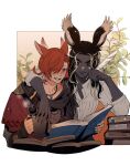  1boy 1girl 5altybitter5 animal_ears archon_mark arm_around_neck blush book book_stack cat_ears cup dark-skinned_female dark_skin ear_wiggle feathers final_fantasy final_fantasy_xiv highres holding holding_book holding_cup holding_feather jewelry miqo&#039;te mug multicolored_hair neck_tattoo necklace rabbit_ears reading red_eyes redhead shirt smile streaked_hair tattoo viera warrior_of_light_(ff14) white_shirt 