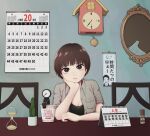  1girl analog_clock black_shirt breasts bright_pupils broken_mirror brown_eyes brown_hair brown_shirt cactus calendar_(object) chair clock collared_shirt commentary countdown_timer cuckoo_clock dress_shirt elbow_on_table elbow_rest head_rest hourglass looking_at_viewer medium_breasts mirror nissin_cup_noodle open_clothes open_shirt original pendulum_clock ramen sand shirt short_hair sitting table white_pupils yajirushi_(chanoma) 