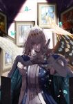  1boy absurdres antinese arthropod_boy blue_butterfly blue_cape blue_eyes blurry bug butterfly butterfly_wings cape crown depth_of_field diamond_hairband evil_smile fate/grand_order fate_(series) fur-trimmed_cape fur_trim glass_shards grey_hair highres insect_wings long_sleeves looking_at_viewer male_focus medium_hair oberon_(fate) open_hand painting_(object) shirt smile solo upper_body wings 