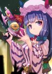  1girl belt book brown_belt dress hashiro hat holding holding_weapon long_hair long_sleeves mob_cap patchouli_knowledge pink_dress pink_hat purple_hair sidelocks solo striped_clothes striped_dress touhou upper_body vertical-striped_clothes vertical-striped_dress violet_eyes weapon wide_sleeves 