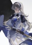  1girl armor black_gloves black_hairband blue_cape breastplate cape closed_mouth commentary_request corrin_(female)_(fire_emblem) corrin_(fire_emblem) fire_emblem fire_emblem_fates gloves grey_hair hair_between_eyes hairband highres holding holding_sword holding_weapon juliet_sleeves long_hair long_sleeves pointy_ears puffy_sleeves red_eyes solo sword weapon yato_(fire_emblem) yun_(dl2n5c7kbh8ihcx) 
