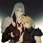  2boys akinahanami1015 armor black_coat black_gloves blonde_hair chest_strap cloud_strife coat commentary_request earrings evil_smile final_fantasy final_fantasy_vii final_fantasy_vii_rebirth final_fantasy_vii_remake gloves gradient_background green_eyes grey_hair hand_up high_collar highres holding_orb jewelry long_bangs long_hair long_sleeves looking_at_viewer looking_down male_focus materia multiple_boys open_clothes open_coat orb parted_bangs parted_lips pauldrons possessed sephiroth short_hair shoulder_armor single_pauldron sleeveless sleeveless_sweater sleeveless_turtleneck slit_pupils smile spiky_hair standing stud_earrings suspenders sweater turtleneck turtleneck_sweater upper_body 