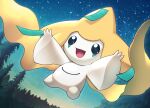  :d black_eyes blurry blurry_background commentary_request happy jirachi naoki_eguchi no_humans open_mouth outdoors pokemon pokemon_(creature) sky smile solo star_(sky) tongue tree 