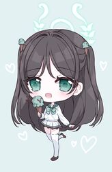  1girl :d absurdres airi_(blue_archive) black_hair blue_archive blue_sailor_collar blush bow brown_footwear chibi commentary_request food food-themed_hair_ornament full_body green_background green_bow green_eyes hair_ornament halo heart highres holding holding_food ice_cream ice_cream_cone ice_cream_hair_ornament loafers long_hair long_sleeves looking_at_viewer pleated_skirt puffy_long_sleeves puffy_sleeves sailor_collar school_uniform serafuku shirt shoes simple_background skirt smile solo standing standing_on_one_leg tandohark thigh-highs two_side_up very_long_hair wafer_stick white_serafuku white_shirt white_skirt white_thighhighs 