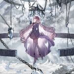  1girl arcaea boots bow chain closed_mouth clouds cloudy_sky day dress full_body gawako hair_bow high_heel_boots high_heels highres hikari_(arcaea) hill ice long_hair long_sleeves official_art outdoors pink_bow pink_dress pink_eyes pink_hair sky solo standing standing_on_one_leg thigh_boots twitter_username wavy_hair white_footwear wide_sleeves 