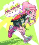  1girl aqua_eyes aqua_shirt beanie bent_over black_shorts colored_skin gradient_hair gradient_skin green_background hand_up hat ink_tank_(splatoon) koike3582 leg_up medium_hair multicolored_footwear multicolored_hair multicolored_skin octoling octoling_girl octoling_player_character pink_hair pink_hat purple_hair purple_skin shirt shoes short_sleeves shorts side_slit side_slit_shorts solo splatoon_(series) t-shirt tentacle_hair tongue tongue_out two-tone_hair two-tone_skin 