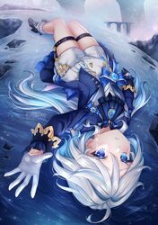  1girl ahoge arm_up ascot asymmetrical_gloves black_footwear black_gloves blue_ascot blue_eyes blue_gemstone blue_hair blue_jacket commentary crying drop-shaped_pupils furina_(genshin_impact) gem genshin_impact gloves heterochromia highres jacket kodona kuriidono light_blue_hair lolita_fashion long_hair long_sleeves looking_at_viewer looking_up lying mismatched_gloves multicolored_hair on_back on_water outstretched_arm ripples shorts solo streaked_hair streaming_tears symbol-shaped_pupils tears thigh_strap very_long_hair white_gloves white_hair white_shorts 