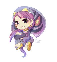  1girl arbok black_eyes black_gloves chibi chibi_only chiuanzhang dress earrings full_body gloves hat hoop_earrings jewelry long_hair looking_at_viewer mole parted_lips personification pokemon purple_dress purple_hair purple_hat simple_background snake_girl snake_tail solo tail white_background 