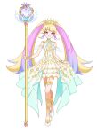  1girl bare_shoulders blonde_hair dress full_body gold_trim gradient_hair himeme_(waccha_primagi!) holding holding_scepter long_hair looking_at_viewer multicolored_hair official_art open_mouth pink_eyes pink_hair pretty_series scepter shoes simple_background skirt_hold smile solo standing tiara transparent_background twintails very_long_hair waccha_primagi! waccha_primagi!_studio white_dress 