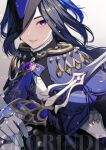  1girl absolution_(genshin_impact) ascot blue_ascot blue_capelet blue_hair capelet clorinde_(genshin_impact) genshin_impact gloves grin hat highres holding holding_sword holding_weapon long_hair looking_at_viewer parted_lips smile solo sword tricorne upper_body val_(sleepyvalerie) violet_eyes weapon white_gloves 