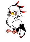  1other bird brown_eyes chibi closed_mouth commentary_request feather_hair feathers full_body highres human_head looking_at_viewer metamon1996 original secretarybird short_hair simple_background solo white_background white_feathers white_hair 