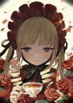  1girl absurdres black_bow black_bowtie black_ribbon blonde_hair blue_eyes bonnet bow bowtie closed_mouth cup drill_hair falling_petals fingernails flower hair_ribbon hand_up highres holding holding_cup kugaumelo long_hair petals red_flower red_rose ribbon rose rose_petals rozen_maiden shinku smile solo tea teacup twintails upper_body 
