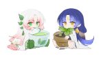  2boys barefoot blue_hair brown_wings camellia chang_fu chibi chinese_clothes chinese_commentary closed_mouth commentary_request cup dark_blue_hair expressionless facial_mark feathered_wings feet flower flower_pot forehead_mark gradient_hair green_eyes green_footwear green_hanfu green_tea hair_flower hair_ornament hanfu highres hugging_object long_hair long_sleeves longjing_shrimp_(the_tale_of_food) looking_at_viewer low-tied_long_hair low_ponytail male_focus multicolored_hair multiple_boys parted_bangs pink_hair plant potted_plant robe shoes sidelocks simple_background swallow_bun_(the_tale_of_food) tassel tassel_hair_ornament tea teacup the_tale_of_food very_long_hair white_background white_flower white_hair white_hanfu white_robe wings yellow_eyes 