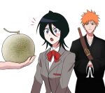  1boy 1girl 1other :o black_hair black_kimono bleach blurry blush_stickers bow bowtie cantaloupe collared_shirt commentary_request cowboy_shot depth_of_field double-parted_bangs food fruit grey_jacket gwao_(_ul_13) hair_between_eyes highres jacket japanese_clothes katana kimono korean_commentary kuchiki_rukia kurosaki_ichigo long_sleeves looking_at_food medium_hair melon notice_lines open_mouth orange_hair red_bow red_bowtie school_uniform shirt short_hair simple_background solo_focus spiky_hair straight_hair surprised sword upper_body weapon white_background white_shirt wide-eyed wide_sleeves 