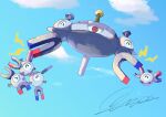  blue_sky closed_eyes day evolutionary_line floating highres looking_at_viewer magnemite magnet magneton magnezone multiple_others no_humans outdoors pokemon pokemon_(creature) pokemon_ability qua red_eyes signature simple_background sky 