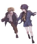  2boys aged_down aventurine_(honkai:_star_rail) blonde_hair blue_hair dr._ratio_(honkai:_star_rail) full_body goodsoluinoon holding_hands honkai:_star_rail honkai_(series) hood hoodie looking_at_another male_focus multicolored_eyes multiple_boys necktie red_eyes shirt shoes short_hair shorts socks suit white_background white_shirt yellow_necktie 