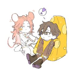  2boys animal_ears black_eyes black_footwear black_hair black_pants black_shirt boots bright_pupils cheese closed_eyes colored_eyelashes colored_skin commentary cross-laced_footwear food gigantea_pp gold_trim hair_between_eyes hands_on_own_legs hatsutori_hajime heart high_collar highres jaggy_lines kemonomimi_mode kneeling lace-up_boots long_hair long_sleeves male_focus mouse_boy mouse_ears mouse_tail multiple_boys open_mouth pants parted_bangs pink_hair saibou_shinkyoku shirt short_hair simple_background sitting spoken_heart symbol-only_commentary tail utsugi_noriyuki white_background white_footwear white_pants white_pupils white_shirt white_skin 