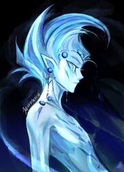  1boy alien astral_(yu-gi-oh!) blue_hair blue_theme earrings expressionless highres jewelry judgedarts male_focus monster_boy nude parted_lips pointy_ears profile short_hair sideways_glance skinny solo spiky_hair tsurime upper_body yu-gi-oh! yu-gi-oh!_zexal 