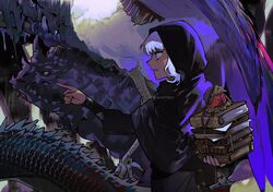  1boy black_robe book book_stack cloak dark-skinned_male dark_elf dark_skin dragon dungeon_meshi elf gapamopa grimoire highres holding holding_book hood hood_up hooded_cloak long_sleeves looking_at_another male_focus monster pointing pointy_ears profile robe solo thistle_(dungeon_meshi) violet_eyes white_hair 