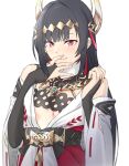  1girl black_hair blush breasts closed_mouth girls&#039;_frontline_neural_cloud hakama hand_on_own_face headpiece japanese_clothes kimie_(neural_cloud) long_hair looking_at_viewer miko nontraditional_miko red_eyes saruno_(eyesonly712) small_breasts solo upper_body 