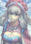 1girl blue_eyes braid cape commentary crown_braid curly_hair dress gofelem grey_hair hat head_wings looking_at_viewer melia_antiqua short_dress solo twintails wings xenoblade_chronicles_(series) xenoblade_chronicles_1