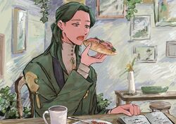  1girl book cup fire_emblem fire_emblem:_three_houses food green_eyes green_hair highres holding holding_food holding_sandwich imminent_bite indoors linhardt_von_hevring long_hair on_chair open_book shizunderu sitting solo 