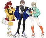  1boy 2girls akechi_gorou alternate_costume aqua_eyes aqua_eyeshadow aqua_jacket bag black_jacket black_pants black_shirt blonde_hair blue_jacket bow braid brown_hair bubble_tea closed_mouth cup drinking_straw drinking_straw_in_mouth eyeshadow eyewear_on_head fashion full_body glasses gloves hair_ornament hairclip hand_on_own_hip handbag hands_in_pockets high_ponytail highres holding holding_bag holding_cup jacket jewelry kneehighs leg_up leglet long_hair long_sleeves loose_socks makeup metal_belt miniskirt multicolored_clothes multicolored_jacket multiple_girls necklace open_clothes open_jacket open_mouth open_shirt orange-tinted_eyewear orange_gloves orange_socks pants persona persona_5 persona_5_the_royal plaid plaid_skirt red_eyes red_skirt redhead round_eyewear sandals shirt shirt_tucked_in shirt_under_shirt shoes shorts simple_background skirt sleeves_past_fingers sleeves_past_wrists smile sneakers socks standing standing_on_one_leg streetwear sunglasses takamaki_anne teeth tinted_eyewear turtleneck_shirt twin_braids white_background white_bow white_footwear white_shirt white_shorts yellow_bag yellow_footwear yellow_jacket yoshizawa_kasumi yuirua55234 zipper 