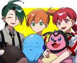  3girls :d ahoge black_necktie border clodsire closed_eyes closed_mouth collared_shirt commentary_request earrings genjitsu_o_miro green_eyes green_hair happy highres holding holding_pokemon jewelry long_hair miltank misty_(pokemon) multiple_girls necktie open_mouth orange_hair outside_border pokemon pokemon_(anime) pokemon_(classic_anime) pokemon_(creature) pokemon_hgss pokemon_sv quagsire rika_(pokemon) shirt short_sleeves side_ponytail smile stud_earrings suspenders teeth tongue upper_teeth_only white_border whitney_(pokemon) yellow_background yellow_shirt 