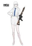  1girl absurdres blue_eyes blue_necktie full_body gun high_heels highres holding holding_gun holding_weapon jormungand_(manga) koko_hekmatyar long_hair long_sleeves looking_at_viewer necktie pale_skin peinlike pencil_skirt simple_background skirt smile solo standing weapon white_background white_hair 