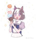  +_+ 1girl :o amakazu_33 animal_ears blue_bow blush bow braid brown_hair commentary_request ear_bow food holding holding_food horse_ears ice_cream ice_cream_cone multicolored_hair open_mouth pleated_skirt puffy_short_sleeves puffy_sleeves purple_bow purple_shirt school_uniform shirt short_sleeves simple_background skirt solo sparkle special_week_(umamusume) too_many too_many_scoops tracen_school_uniform twitter_username two-tone_hair umamusume v-shaped_eyebrows violet_eyes white_background white_hair white_skirt 