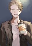  1boy absurdres blonde_hair brown_coat coat cup disposable_cup green_eyes grey_background harold_w._lucraft highres long_sleeves male_focus mole mole_under_eye shirt solo upper_body white_shirt your_forma yozora_400 