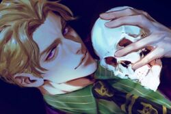  1boy blonde_hair close-up collared_shirt dark diamond_wa_kudakenai dim_lighting eyelashes formal green_shirt highres holding holding_skull jojo_no_kimyou_na_bouken kira_yoshikage looking_at_viewer lu_cy_6 male_focus necktie parted_bangs pinstripe_pattern pinstripe_shirt print_necktie purple_suit shirt short_hair skull skull_print smile solo suit violet_eyes 