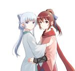  2girls bai_yuxiu blue_eyes bow braid brown_eyes brown_hair closed_mouth feng_ling&#039;er fengling_yuxiu highres hug long_hair looking_at_viewer multiple_girls ponytail red_eyes red_scarf ribbon scarf simple_background smile standing white_background white_hair wide_sleeves xiaoxi_zhangqi 