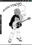  1girl arrow_(symbol) art_program_in_frame bang_dream! bang_dream!_it&#039;s_mygo!!!!! character_name chihaya_anon electric_guitar fang fender_jazzmaster full_body glasses greyscale guitar highres instrument jacket leg_warmers long_hair long_sleeves monochrome open_clothes open_jacket open_mouth procreate_(medium) simple_background sleeves_past_fingers sleeves_past_wrists solo spot_color white_background zongchi 