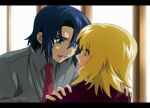  1boy 1girl artist_name athrun_zala blonde_hair blue_hair brown_jacket cagalli_yula_athha couple eye_contact fumiko_(mesushi) green_eyes grey_shirt gundam gundam_seed gundam_seed_freedom hands_on_another&#039;s_shoulders indoors jacket looking_at_another open_mouth red_tie shirt short_hair yellow_eyes 