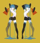  2girls arms_up bad_id bad_pixiv_id black_skirt blue_hair detached_sleeves full_body hatsune_miku long_hair mirror_twins multiple_girls sentakki shapes shirt simple_background skirt smile thigh-highs twintails twisted_torso very_long_hair vocaloid 