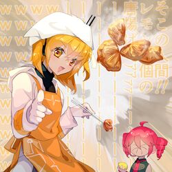  2girls a.i._voice adachi_rei ahoge black_shirt buttons chef_hat chicken_(food) chopsticks drill_hair floating_food food fried_chicken fruit gloves hat highres holding holding_chopsticks holding_food holding_fruit jacket kasane_teto lemon meme multiple_girls open_clothes open_jacket open_mouth orange_eyes orange_hair orange_trim pointing pointing_at_viewer puckered_face radio_antenna red_trim redhead shirt tongue toque_blanche torino_sasami twin_drills utau white_gloves white_jacket 