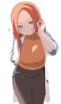  1girl animification apex_legends arm_behind_back ashleigh_reid black_pants blue_eyes blush breasts frown hair_behind_ear hand_in_own_hair head_tilt highres jacket leaning_forward looking_at_viewer medium_breasts nagoooon_114 orange_hair orange_sweater pants ribbed_sweater simple_background solo sweater sweater_tucked_in white_background white_jacket 